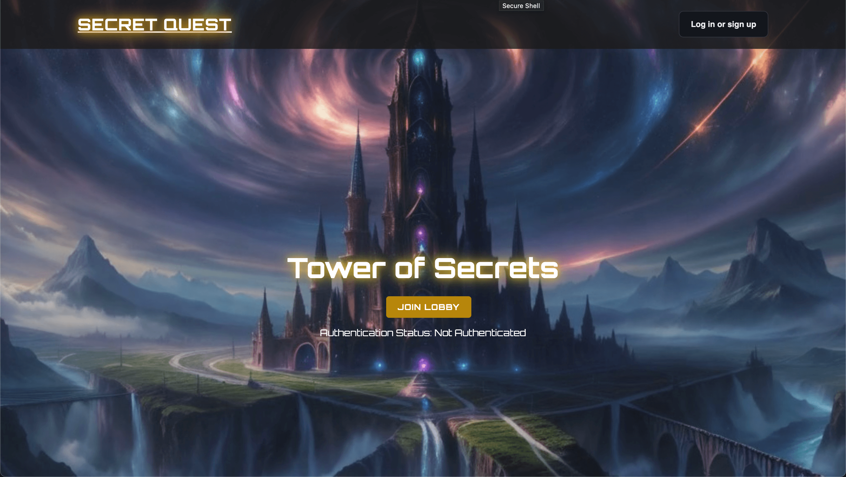 Login page for Secret Quest Game